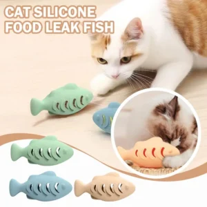 Interactive Cat Toy Food Dispenser for Indoor Cats Blue Treat & Catnip Stuffer Engaging Silicone Fish Chew Toy for Dental Care