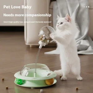 New Cat Treat Dispenser Toy with Spinning Ball - Self Play Puzzle Feeder Replaceable Feather Teaser Boredom Relief